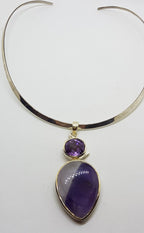 Sterling Silver Large Teardrop Shaped Cabochon Amethyst with Oval Faceted Amethyst Pendant on Sterling Silver Choker