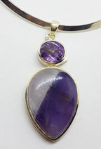 Sterling Silver Large Teardrop Shaped Cabochon Amethyst with Oval Faceted Amethyst Pendant on Sterling Silver Choker