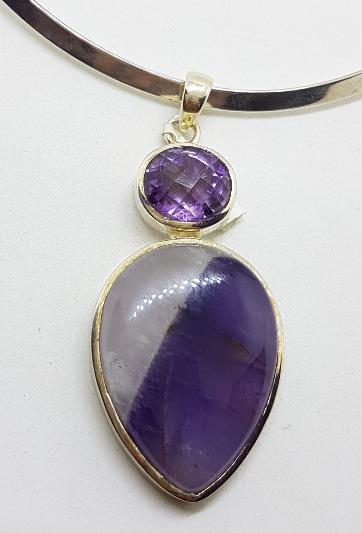 Sterling Silver Large Teardrop Shaped Cabochon Amethyst with Oval Faceted Amethyst Pendant on Sterling Silver Choker