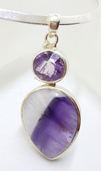 Sterling Silver Large Teardrop Shaped Cabochon Amethyst with Oval Faceted Amethyst Pendant on Sterling Silver Choker