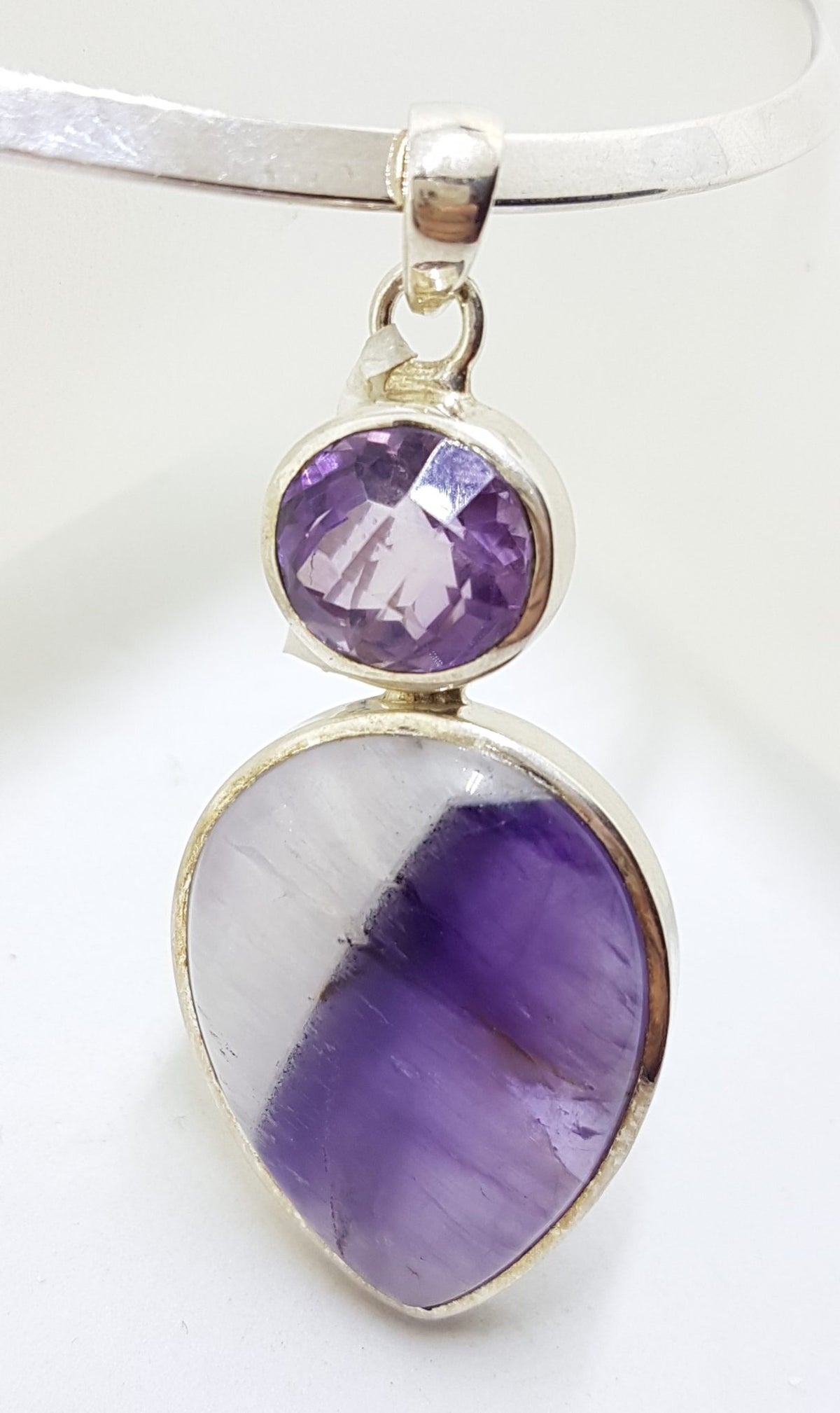 Sterling Silver Large Teardrop Shaped Cabochon Amethyst with Oval Faceted Amethyst Pendant on Sterling Silver Choker