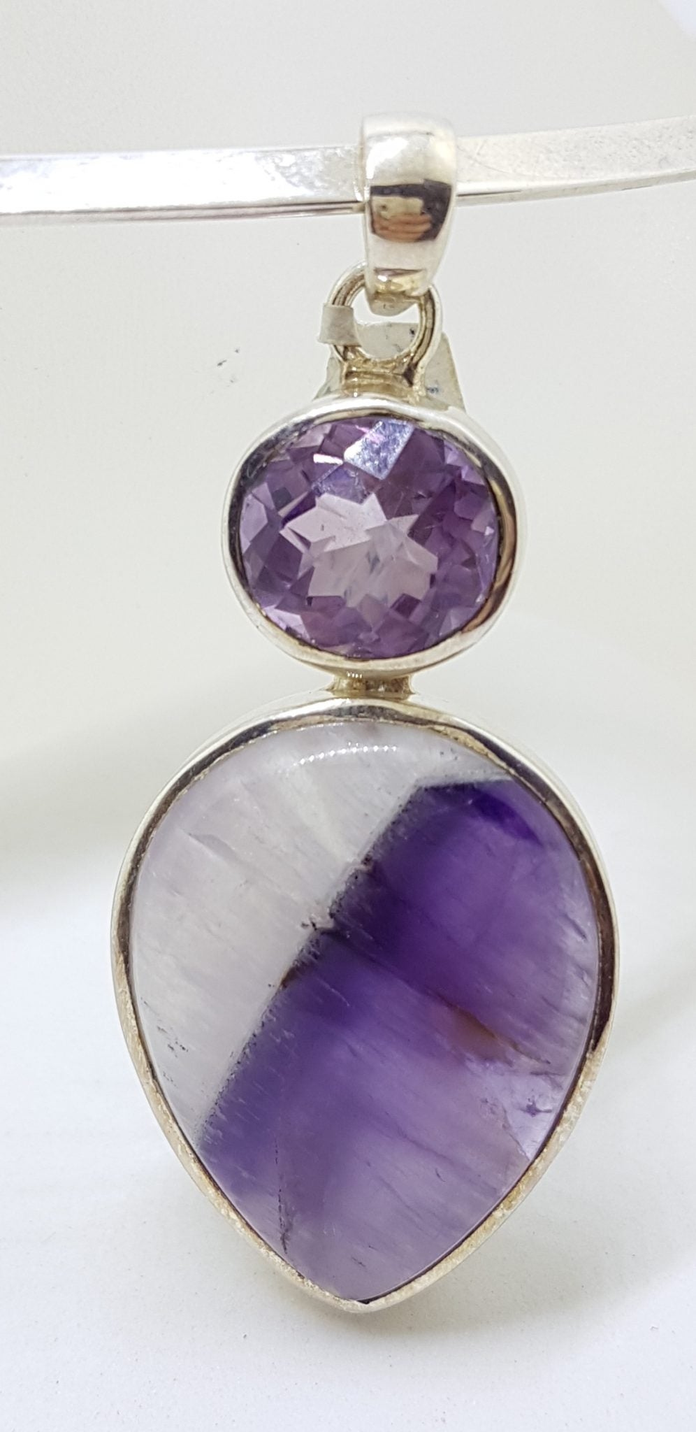 Sterling Silver Large Teardrop Shaped Cabochon Amethyst with Oval Faceted Amethyst Pendant on Sterling Silver Choker