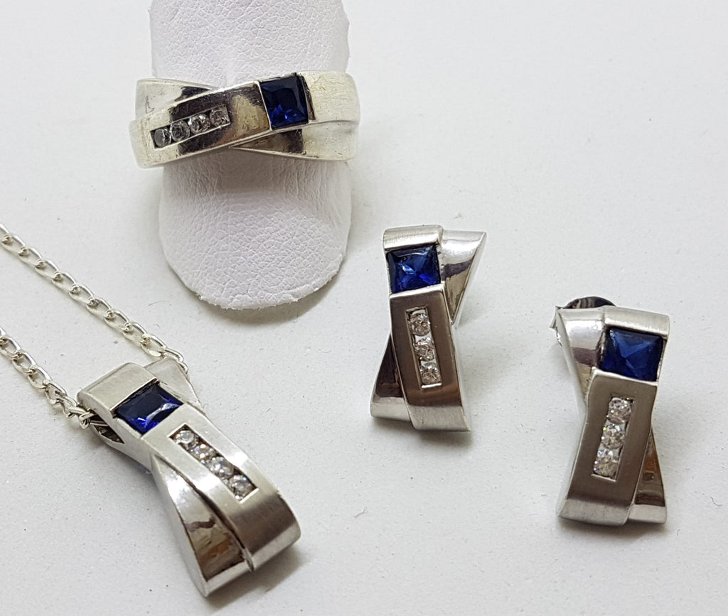 Sterling Silver Blue and Clear Cubic Zirconia Pendant on Chain with Ring and Earrings Set