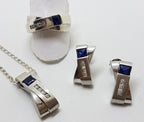 Sterling Silver Blue and Clear Cubic Zirconia Pendant on Chain with Ring and Earrings Set