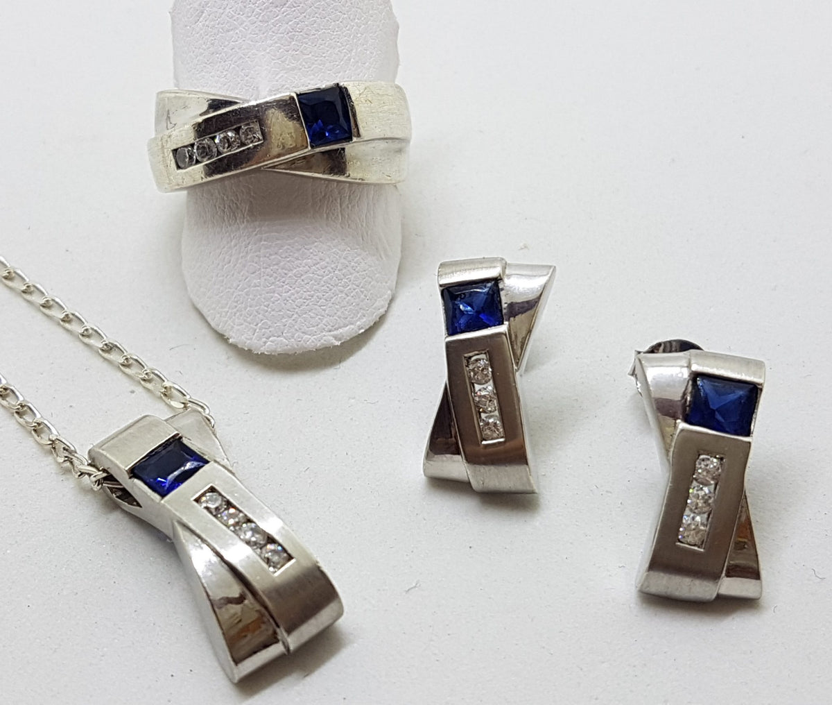 Sterling Silver Blue and Clear Cubic Zirconia Pendant on Chain with Ring and Earrings Set