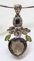 Sterling Silver Large Pear Shape / Teardrop Smokey Quartz and Peridot Floral Pendant on Silver Choker Chain / Necklace