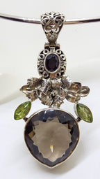 Sterling Silver Large Pear Shape / Teardrop Smokey Quartz and Peridot Floral Pendant on Silver Choker Chain / Necklace