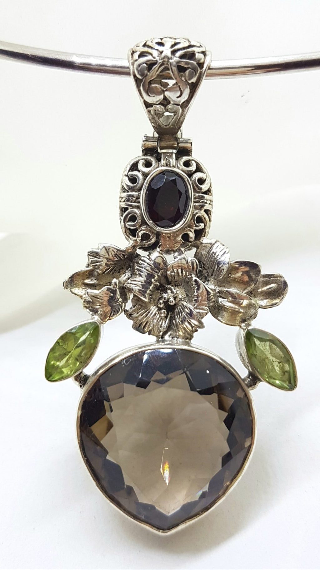 Sterling Silver Large Pear Shape / Teardrop Smokey Quartz and Peridot Floral Pendant on Silver Choker Chain / Necklace