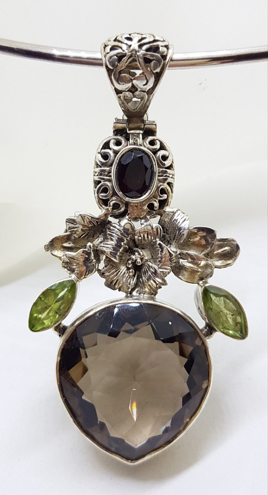 Sterling Silver Large Pear Shape / Teardrop Smokey Quartz and Peridot Floral Pendant on Silver Choker Chain / Necklace