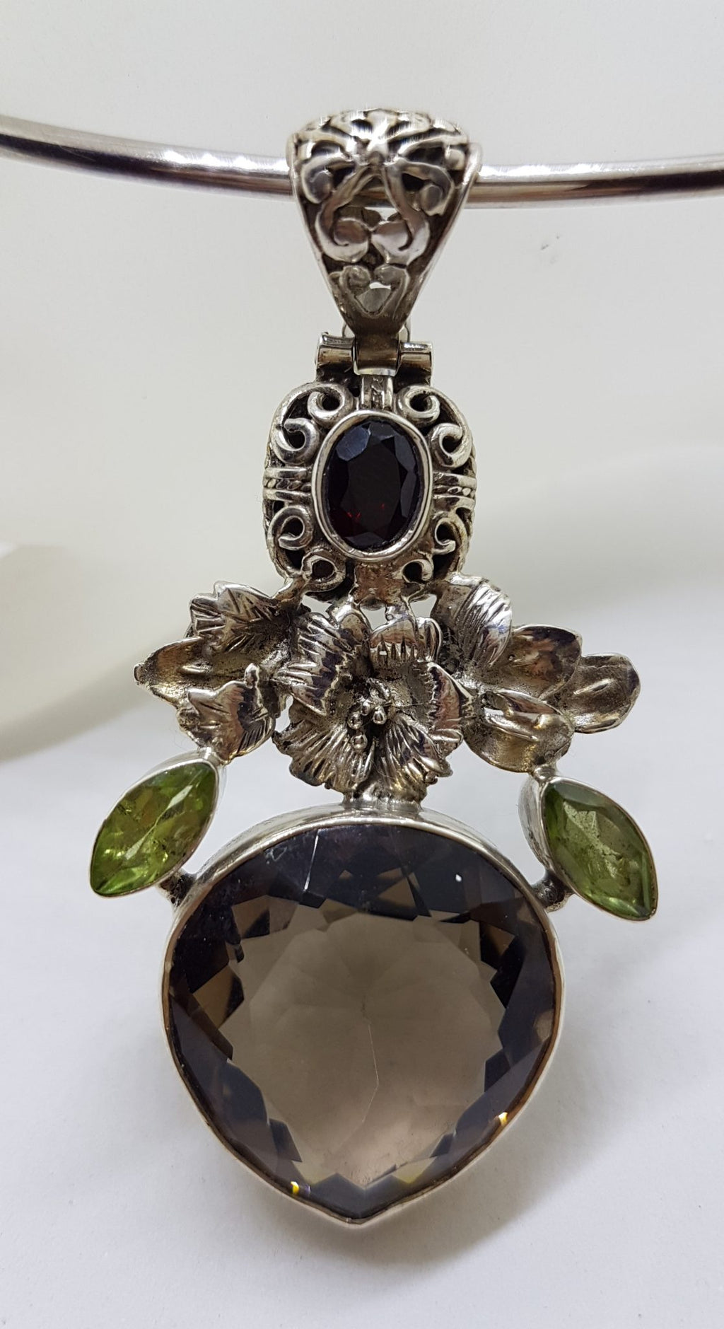 Sterling Silver Large Pear Shape / Teardrop Smokey Quartz and Peridot Floral Pendant on Silver Choker Chain / Necklace