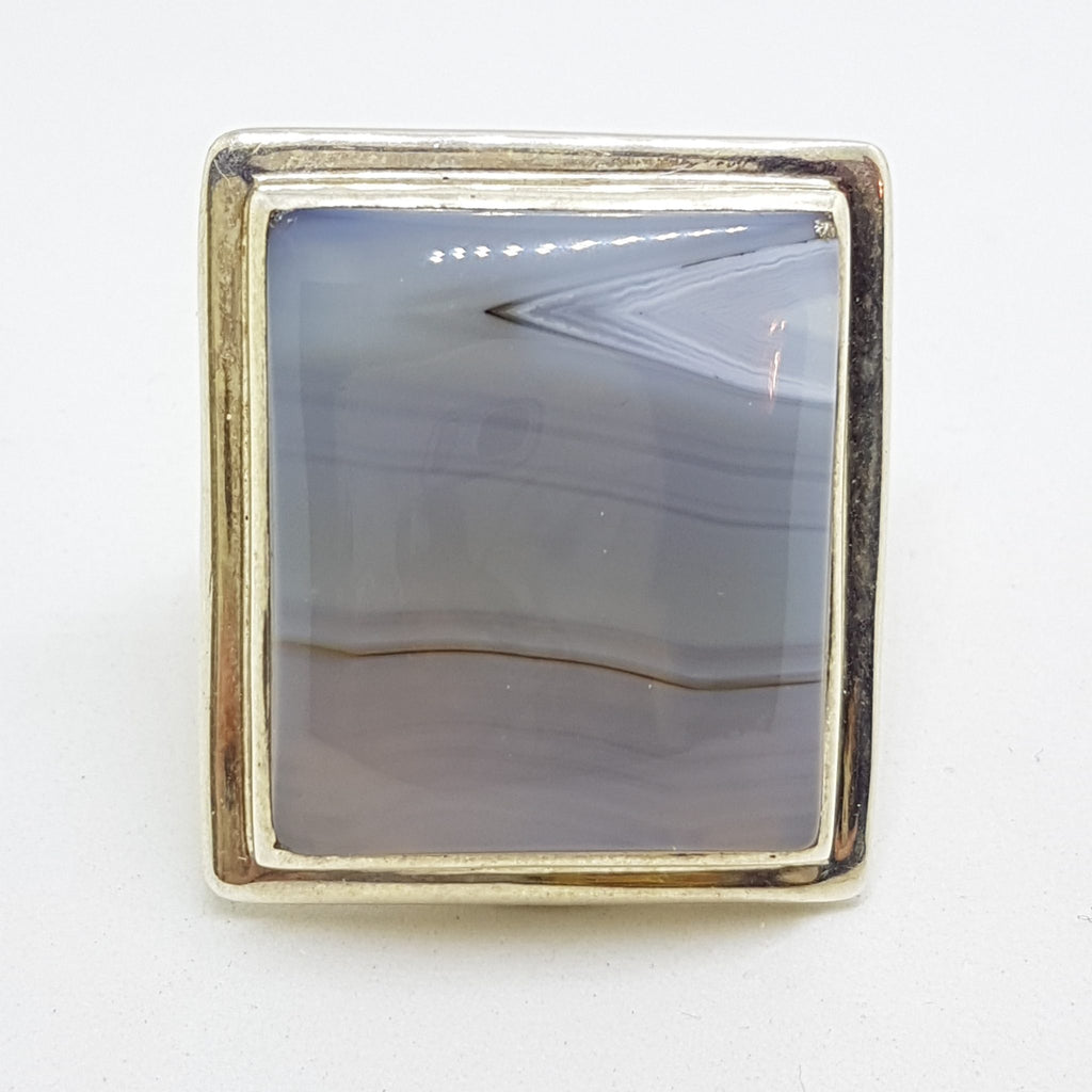 Sterling Silver Large Square Banded Agate Ring