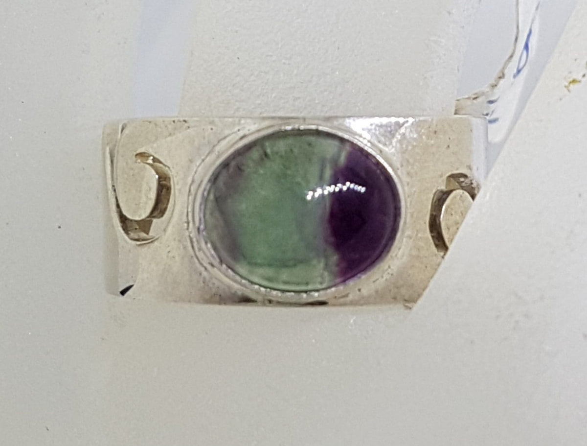 Sterling Silver Wide Oval Fluorite Wave Design Band Ring - Ladies / Gents