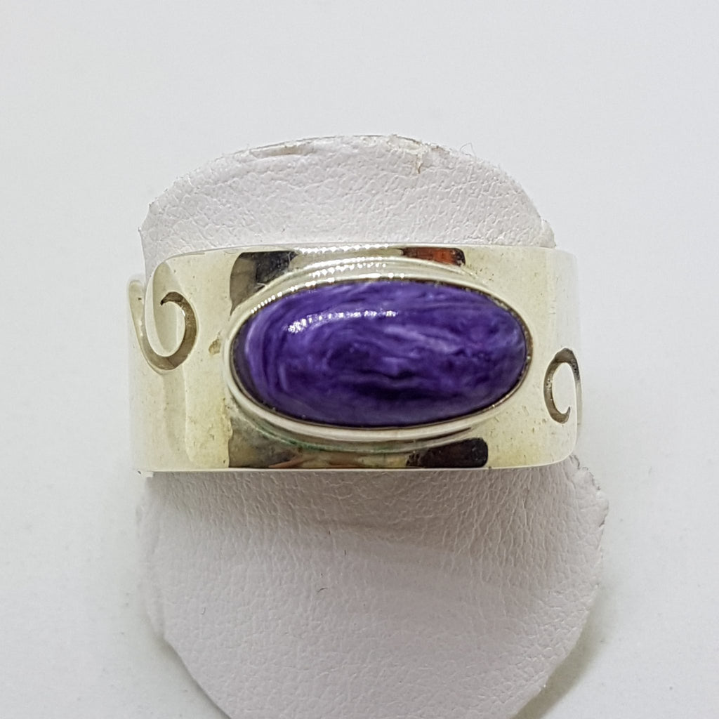 Sterling Silver Wide Oval Charoite Wave Design Band Ring - Ladies / Gents