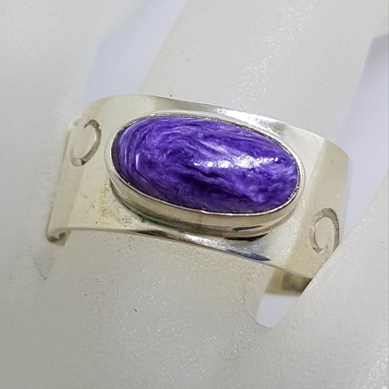 Sterling Silver Wide Oval Charoite Wave Design Band Ring - Ladies / Gents