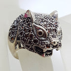 Sterling Silver Large Garnet Cat / Panther / Leapard Head Ring