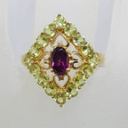 9ct Yellow Gold Peridot &amp; Rhodolite Garnet Ornate Filigree Large Ring