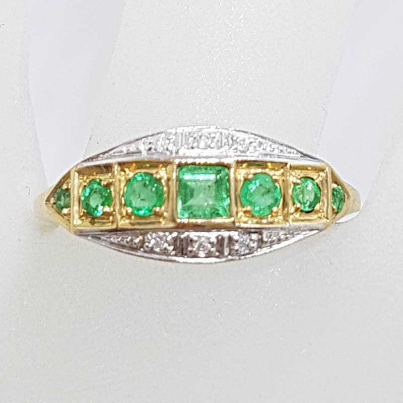 9ct Yellow Gold Natural Emerald &amp; Diamond Bridge Set / Eternity Art Deco Style Ring