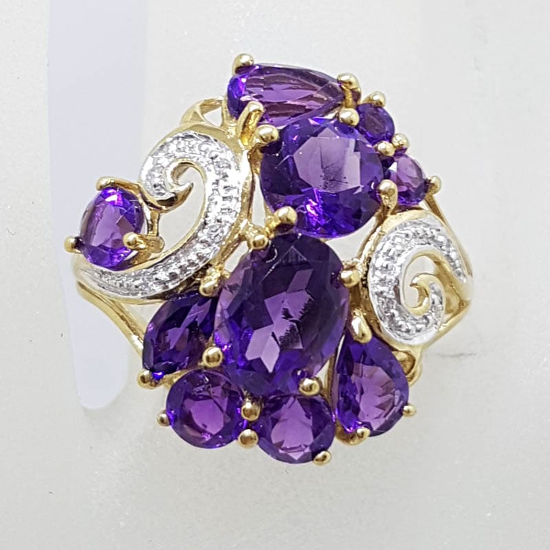 9ct Yellow Gold Stunning Large Amethyst and Diamond Cluster Ring
