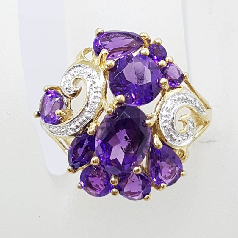 9ct Yellow Gold Stunning Large Amethyst and Diamond Cluster Ring