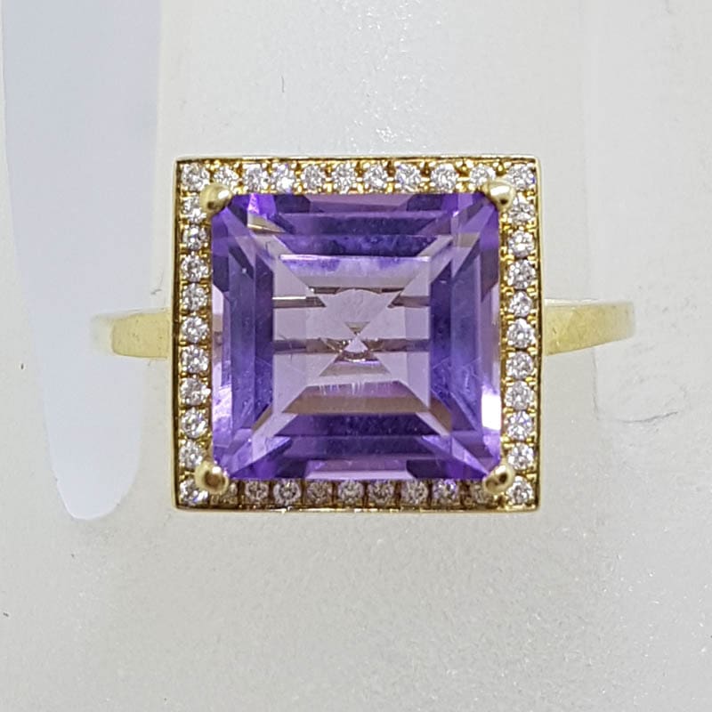 9ct Yellow Gold Large Square Amethyst and Diamond Cluster Ring