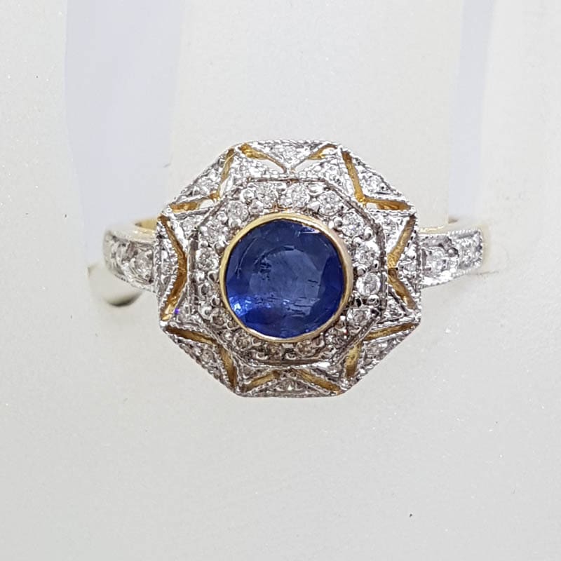 9ct Yellow Gold Natural Sapphire with Diamonds Large Octagonal Cluster Ring