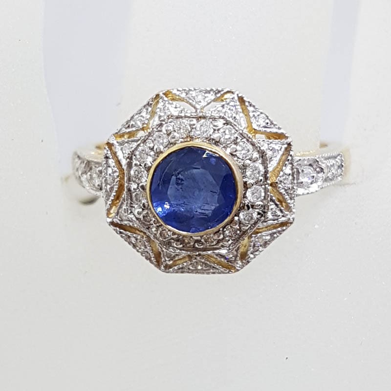 9ct Yellow Gold Natural Sapphire with Diamonds Large Octagonal Cluster Ring