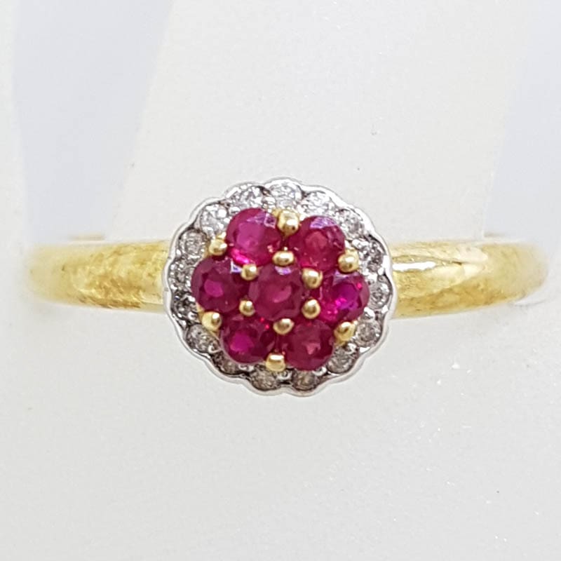 9ct Yellow Gold Natural Ruby &amp; Diamond Round Cluster "Cupcake" Ring