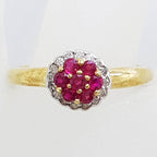 9ct Yellow Gold Natural Ruby &amp; Diamond Round Cluster "Cupcake" Ring
