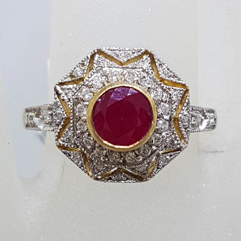 9ct Yellow Gold and White Gold Natural Ruby &amp; Diamond Large Ornate Patterned Cluster Ring