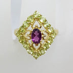 9ct Yellow Gold Peridot &amp; Rhodolite Garnet Ornate Filigree Large Ring