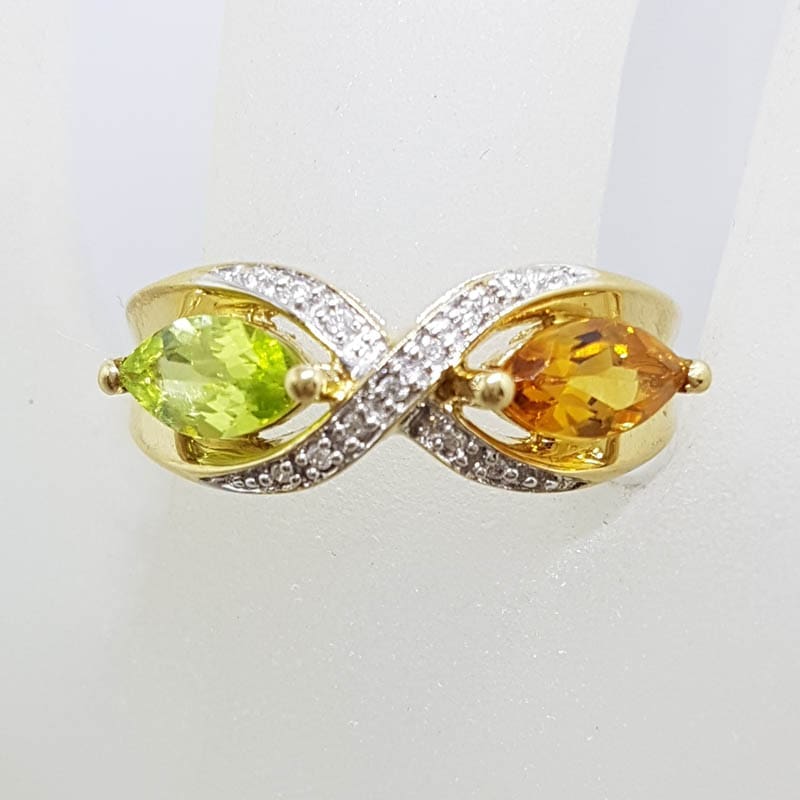 9ct Yellow Gold Marquis Peridot, Citrine &amp; Diamond Ring