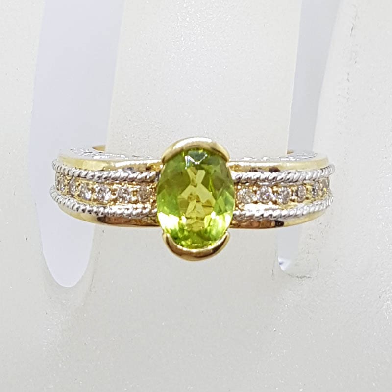 9ct Yellow Gold Oval Peridot &amp; Diamond Ornate Ring