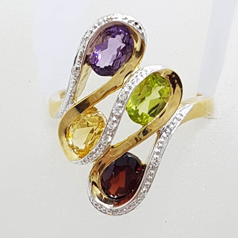 9ct Yellow Gold Amethyst, Peridot, Citrine and Garnet with Diamonds Ring - Large Swirl