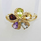 9ct Yellow Gold Peridot, Citrine, Topaz, Amethyst, Garnet &amp; Diamond Flower Cluster Ring - Starfish