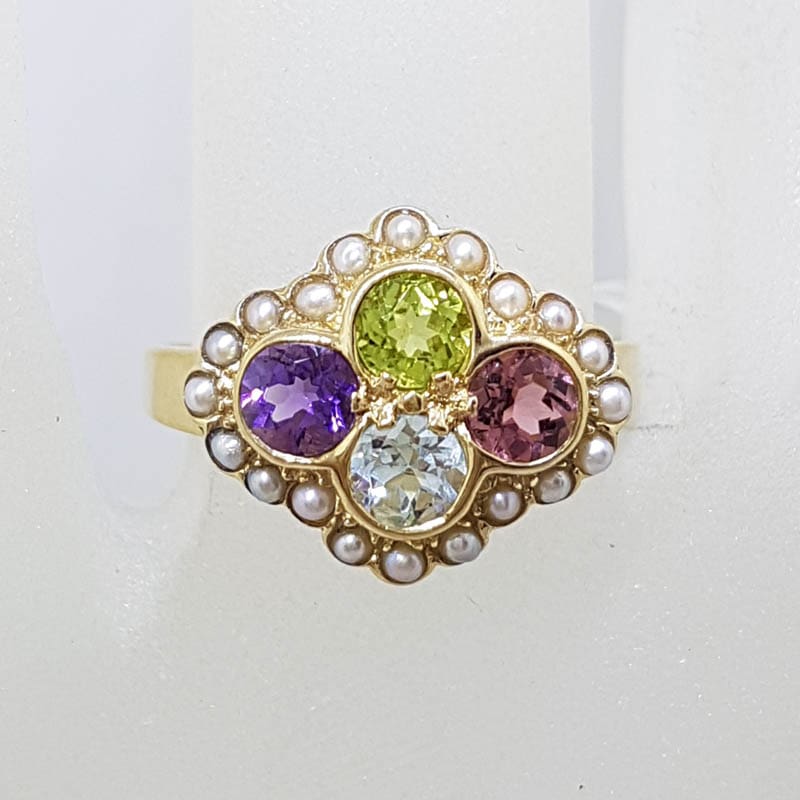 9ct Yellow Gold Multi-Coloured Gemstone Ring - Pink Tourmaline, Topaz, Peridot, Amethyst and Seed Pearl