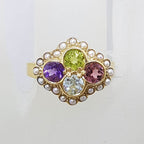 9ct Yellow Gold Multi-Coloured Gemstone Ring - Pink Tourmaline, Topaz, Peridot, Amethyst and Seed Pearl