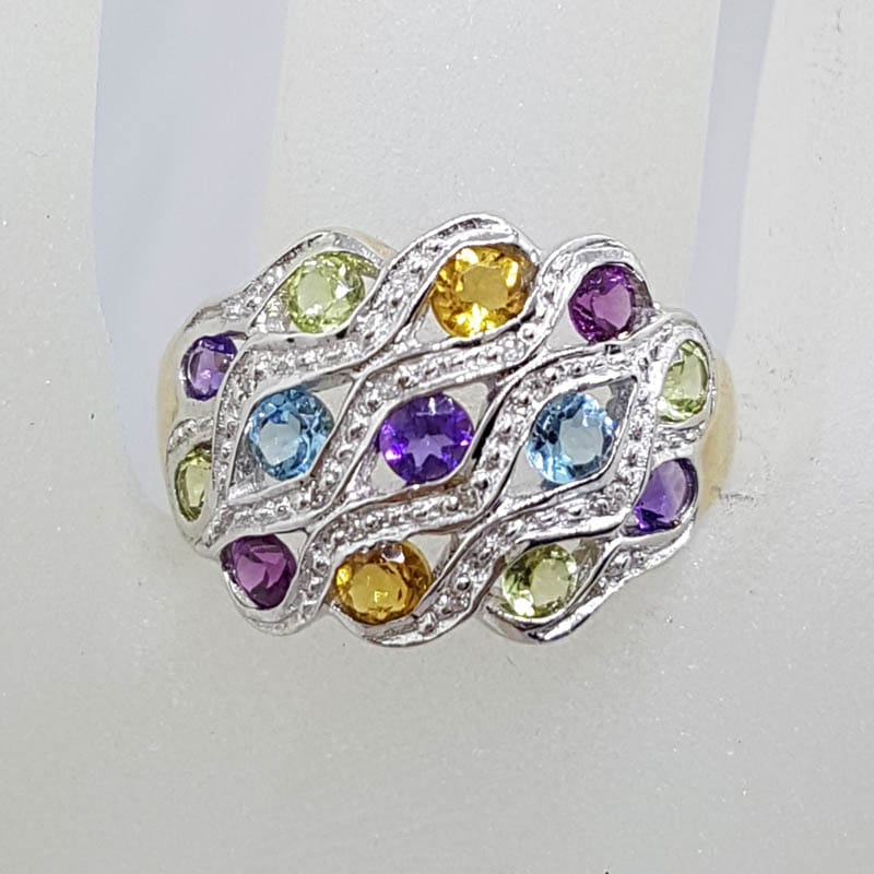 9ct Yellow Gold Multi-Coloured Gemstone Wide Ring – Citrine, Topaz, Peridot, Amethyst &amp; Diamond