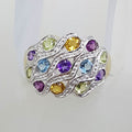 9ct Yellow Gold Multi-Coloured Gemstone Wide Ring – Citrine, Topaz, Peridot, Amethyst &amp; Diamond