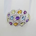 9ct Yellow Gold Multi-Coloured Gemstone Wide Ring – Citrine, Topaz, Peridot, Amethyst &amp; Diamond