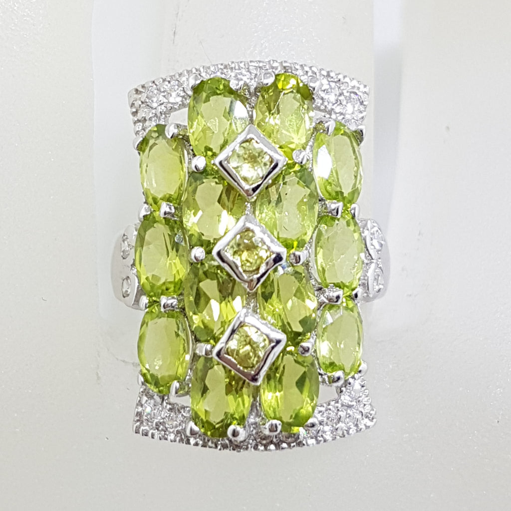 Sterling Silver Peridot and Cubic Zirconia Large Rectangular Cluster Ring