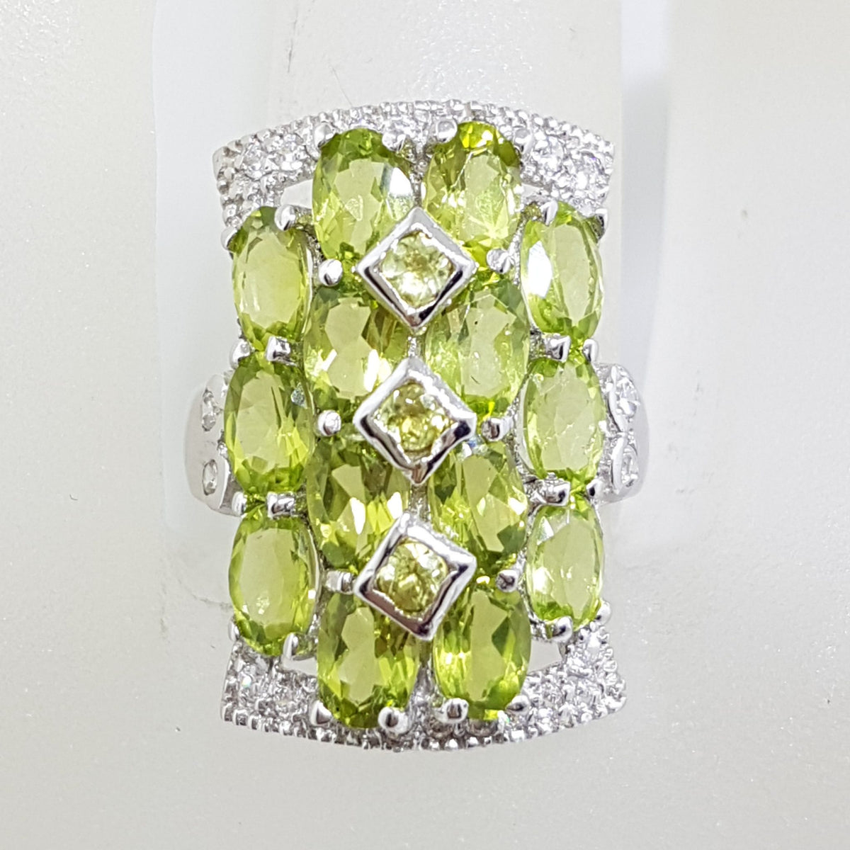 Sterling Silver Peridot and Cubic Zirconia Large Rectangular Cluster Ring