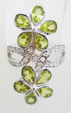 Sterling Silver Large Peridot and CZ Flower Ring