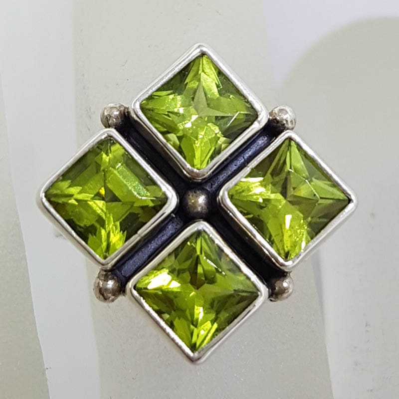 Sterling Silver Peridot Large Square Cluster Ring