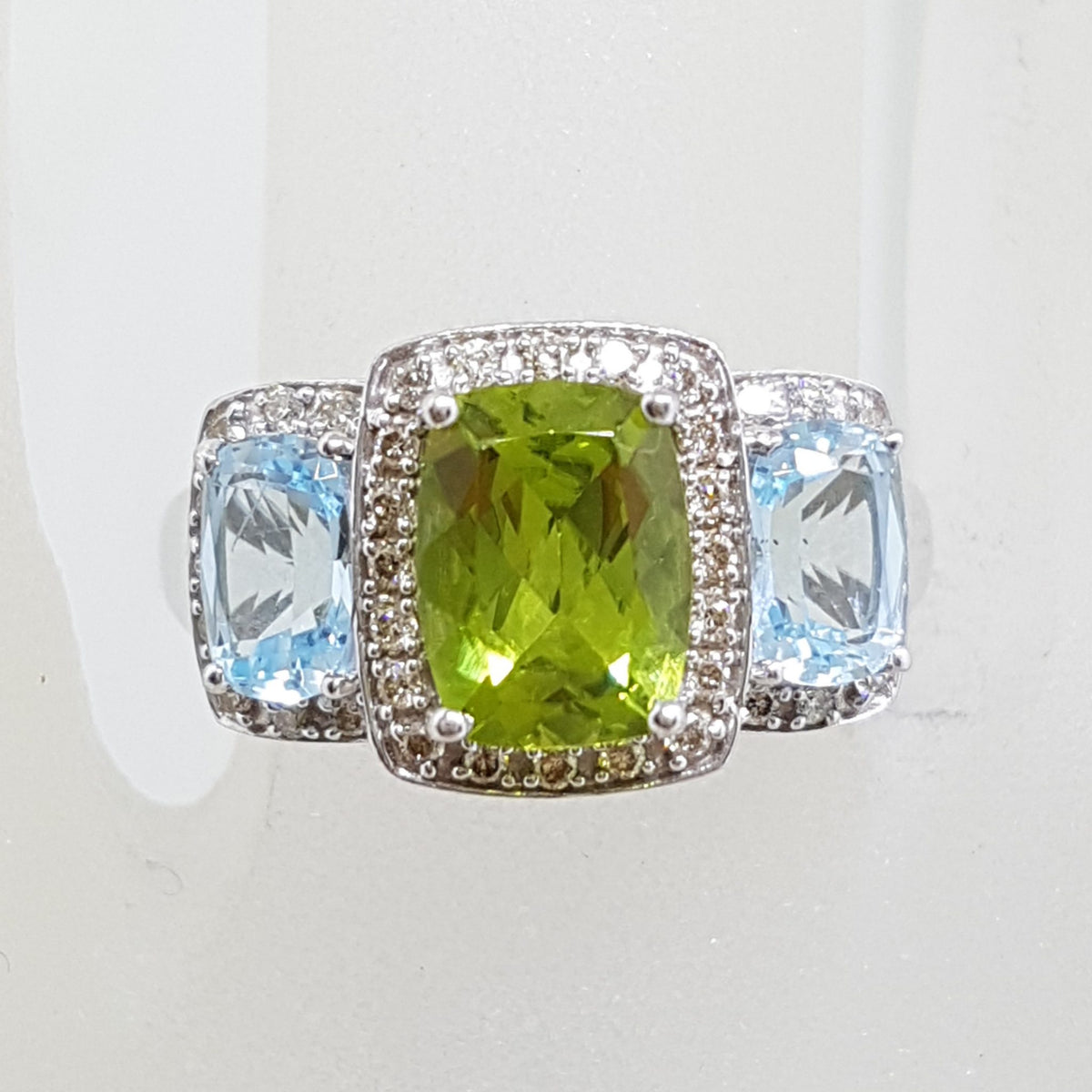 9ct White Gold Topaz, Peridot and Diamond Bridge Set Ring