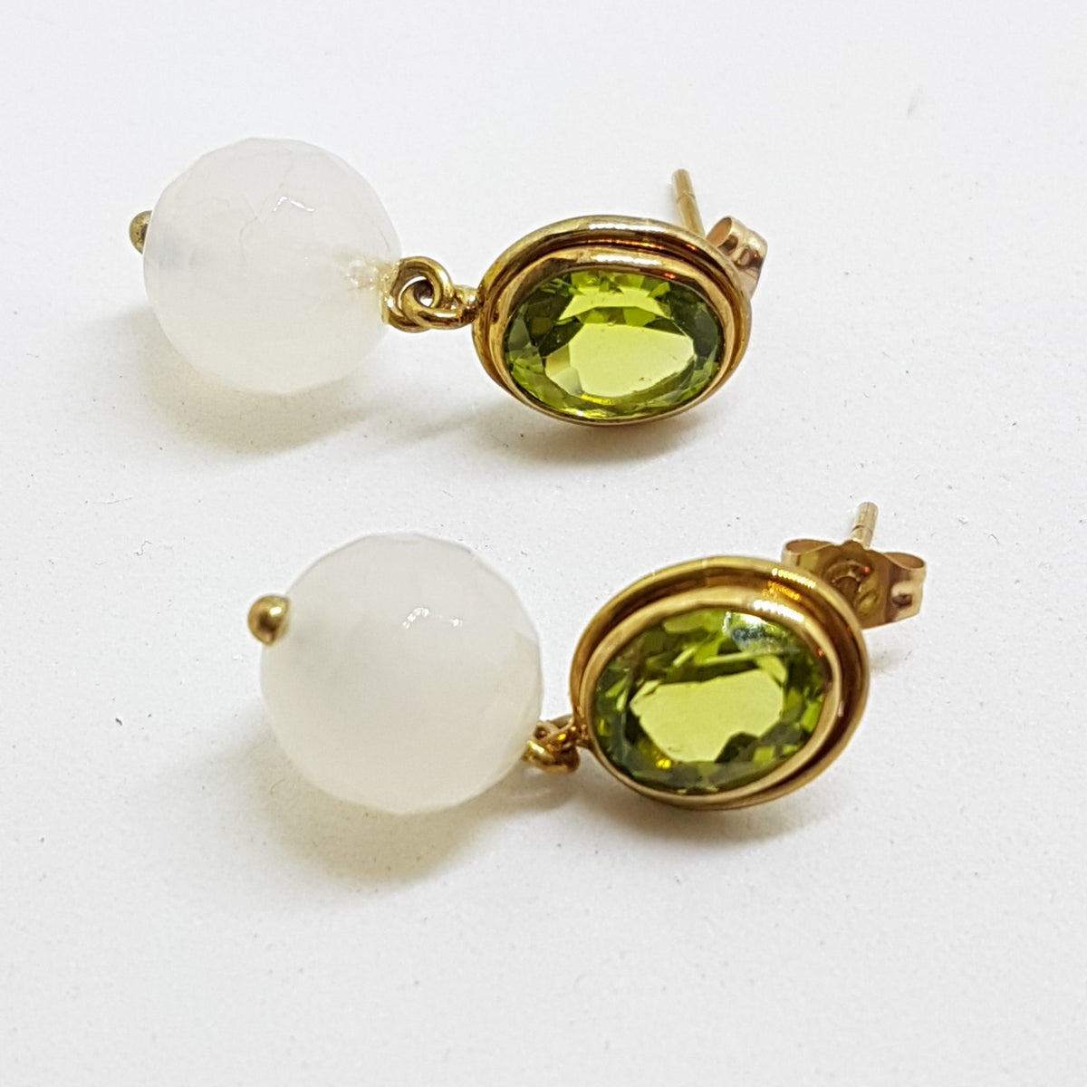 9ct Yellow Gold Peridot &amp; Moonstone Ball Drop Earrings - Handmade
