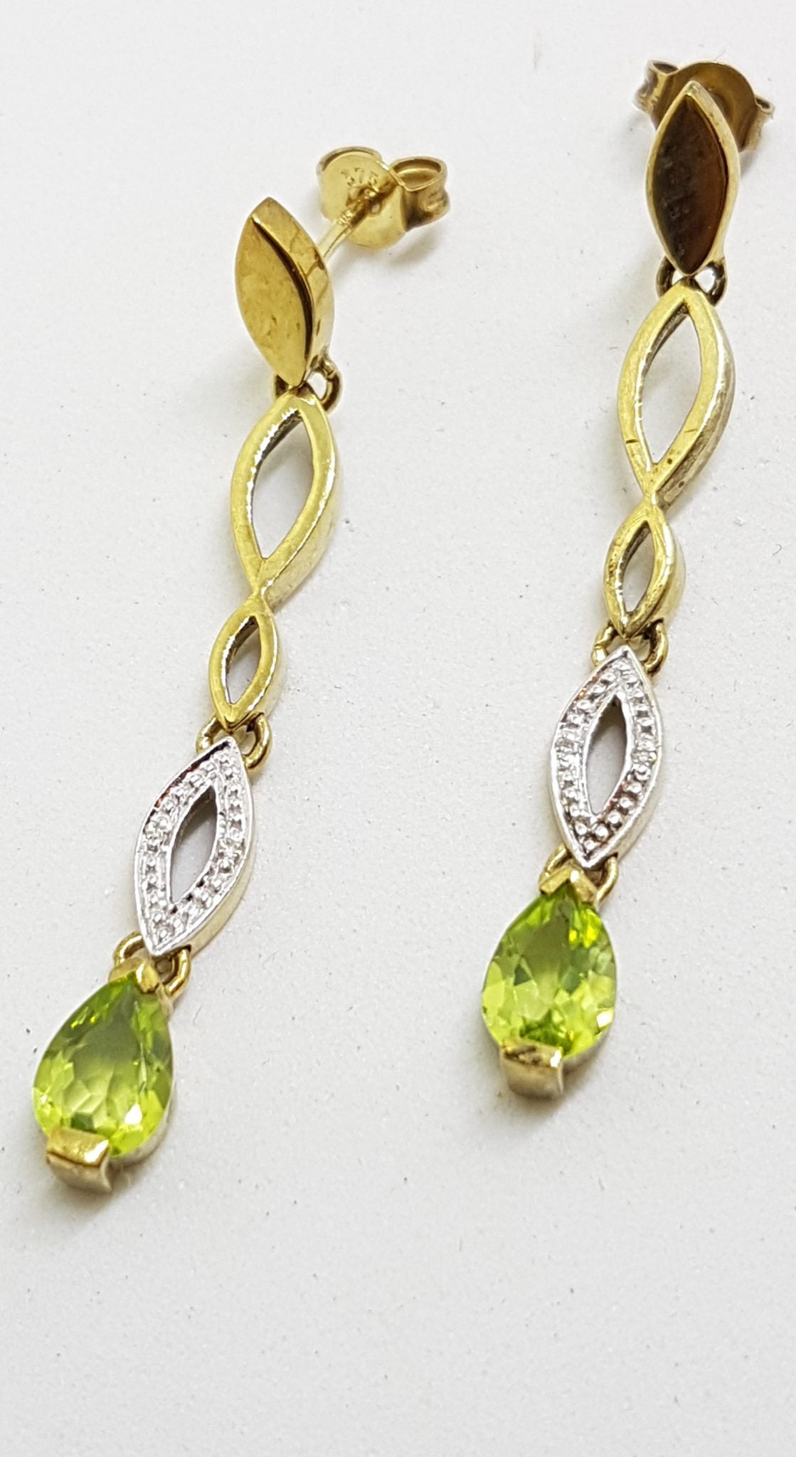 9ct Yellow Gold Peridot &amp; Diamond Long Drop Earrings