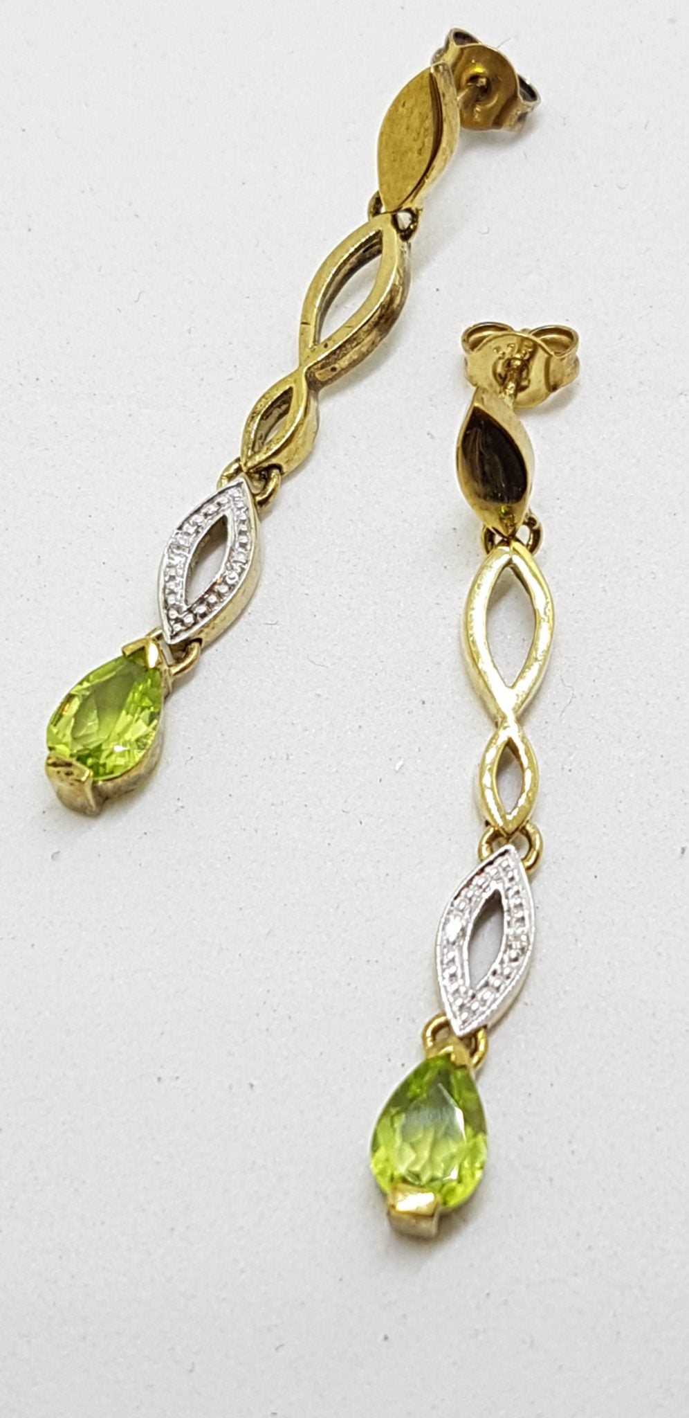 9ct Yellow Gold Peridot &amp; Diamond Long Drop Earrings