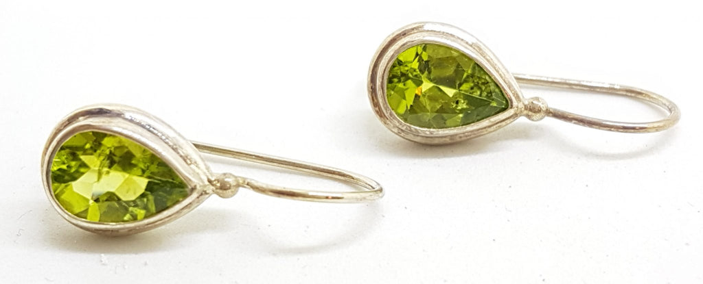 Sterling Silver Teardrop / Pear Shape Bezel Set Peridot Earrings