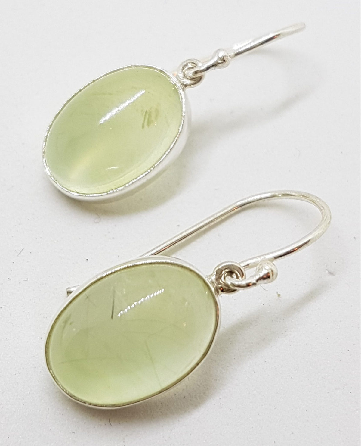 Sterling Silver Prehnite Large Oval Bezel Set Drop Earrings