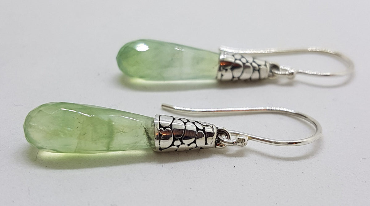 Sterling Silver Prehnite Long Teardrop Ornate Cone Drop Earrings